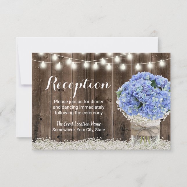 Blue Hydrangea Floral Jar Rustic Wedding Reception Invitation (Front)
