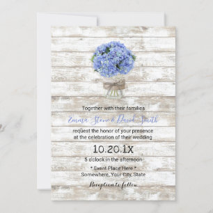 Blue Hydrangea Floral Jar Rustic Wood Wedding Invitation