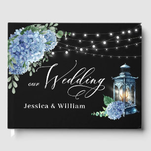 Blue Hydrangea Floral Lantern Black Boho Wedding Guest Book