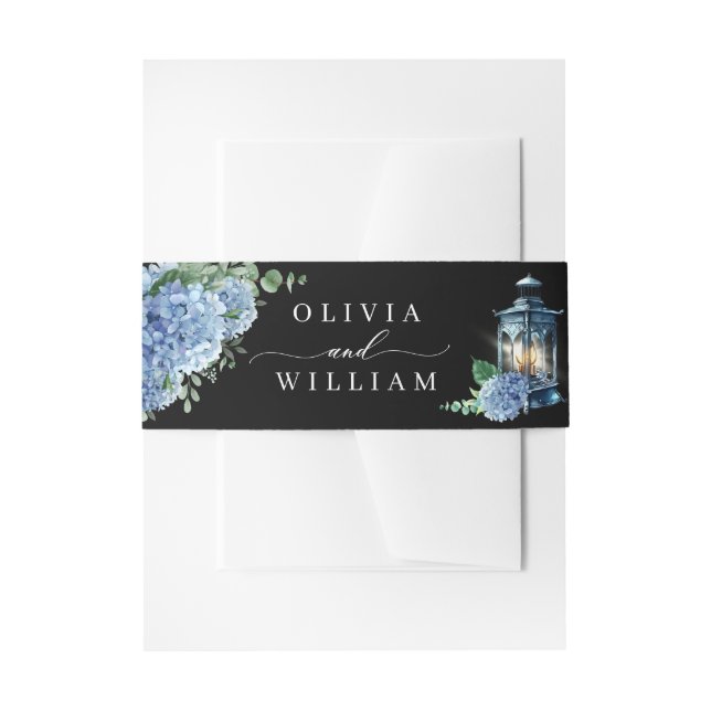 Blue Hydrangea Floral Lantern Black Boho  Wedding Invitation Belly Band (Front Example)
