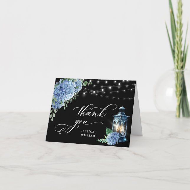 Blue Hydrangea Floral Lantern Black Boho Wedding Thank You Card (Front)