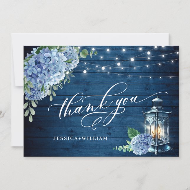 Blue Hydrangea Floral Lantern Navy Wood Wedding Thank You Card (Front)
