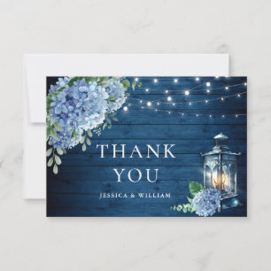 Blue Hydrangea Floral Lantern Navy Wood Wedding Thank You Card