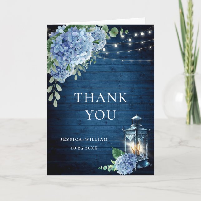 Blue Hydrangea Floral Lantern Navy Wood Wedding Thank You Card (Front)