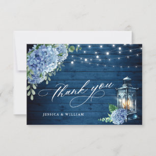 Blue Hydrangea Floral Lantern Navy Wood Wedding Thank You Card