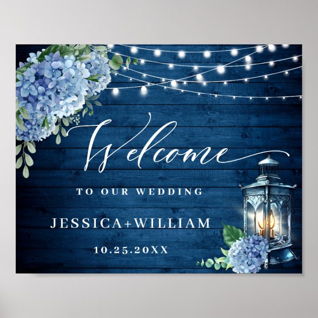 Blue Hydrangea Floral Lantern Wood Welcome Wedding Poster (Front)