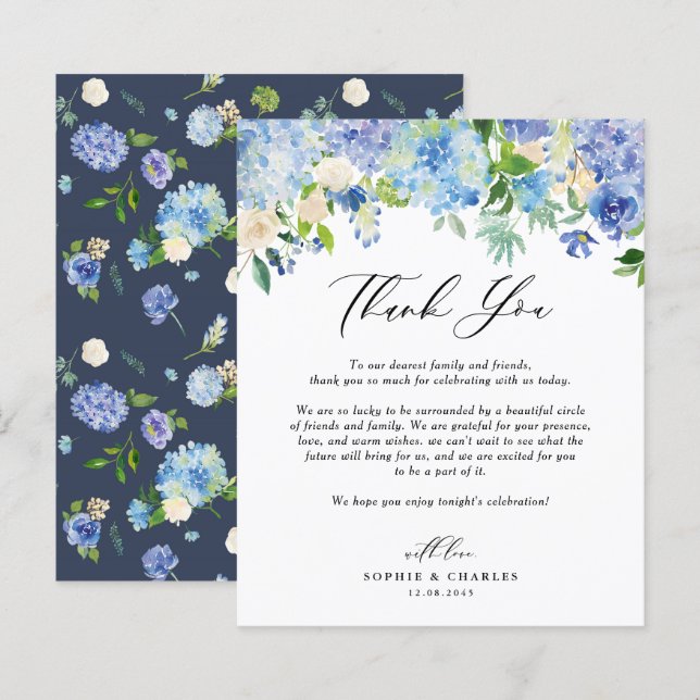 Blue Hydrangea Floral Mariage Carte de remerciemen (Devant / Derrière)