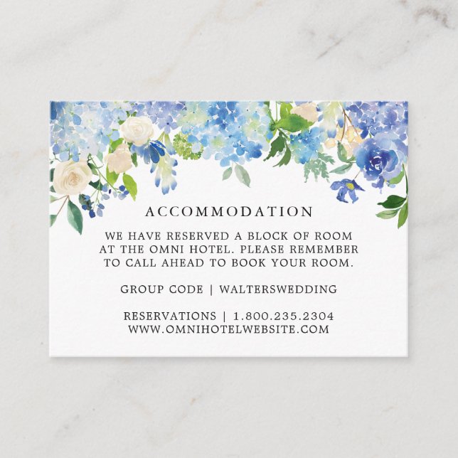 Blue Hydrangea Floral Mariage Cartes d'hébergement (Devant)