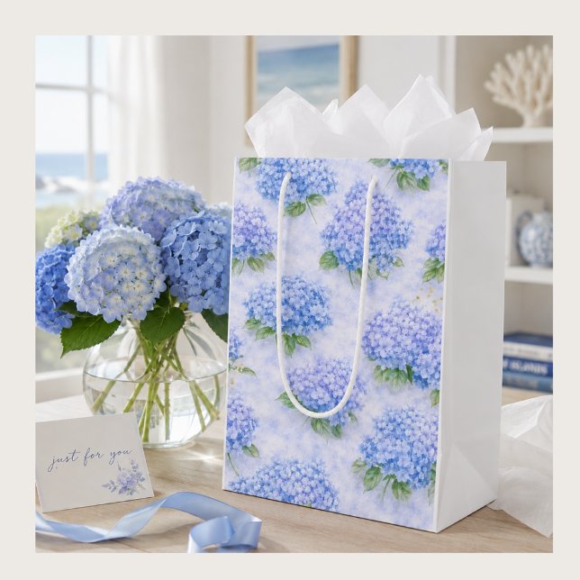 Blue Hydrangea Floral Medium Gift Bag (Blue hydrangea gift bag with white sides, perfect for birthdays, thank you gifts and garden lovers.)
