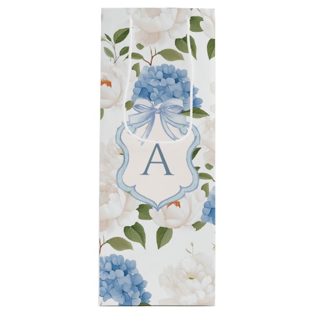 Blue Hydrangea Floral Monogram Wine Gift Bag (Front)