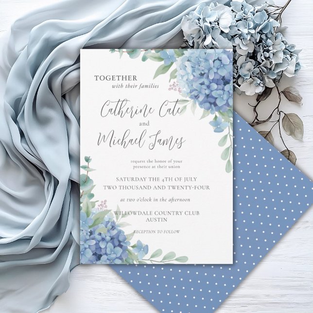 Blue Hydrangea Floral Polkadot Wedding Invitation (Creator Uploaded)