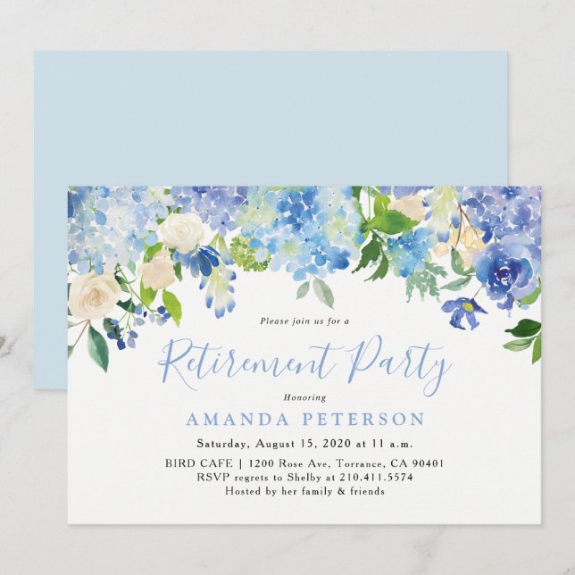 Blue Hydrangea Floral Retraite Party Invitation (Devant / Derrière)