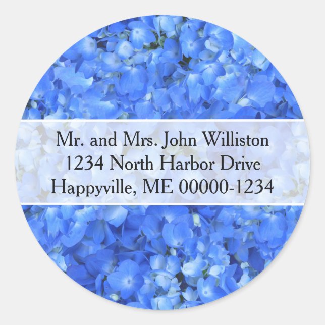 Blue Hydrangea Floral Round Return Address Labels (Front)