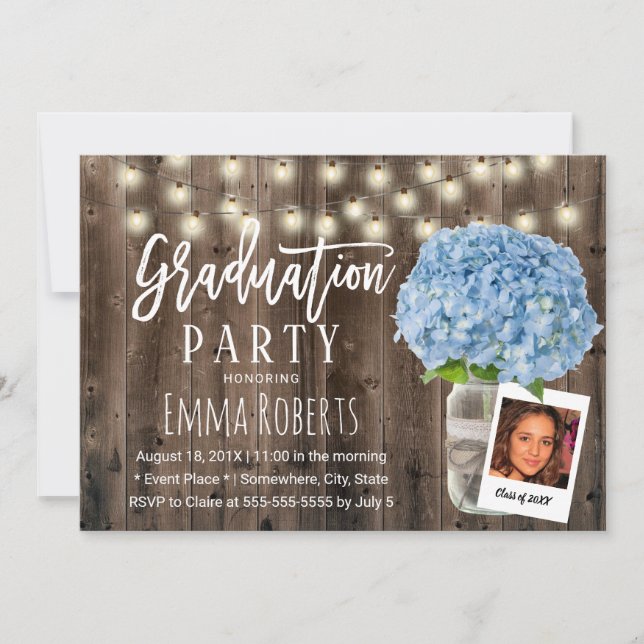 Blue Hydrangea Floral Rustic Wood Photo Graduation Invitation (Front)