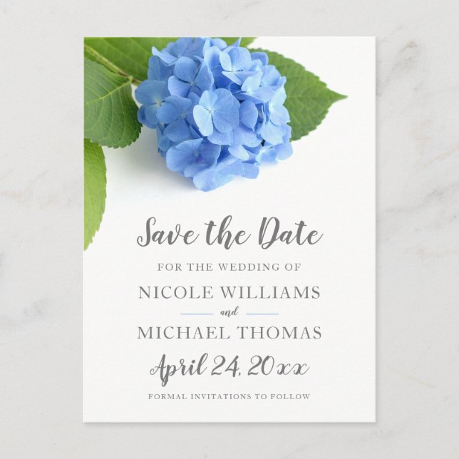 Blue Hydrangea Floral Save the Date Announcement Postcard (Front)