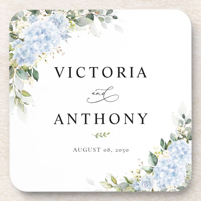 Blue Hydrangea Floral Square Wedding Coaster (Front)