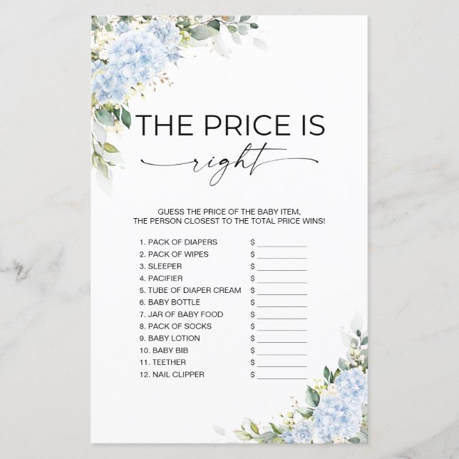 Blue Hydrangea Floral The Price Is Right Game (Front)