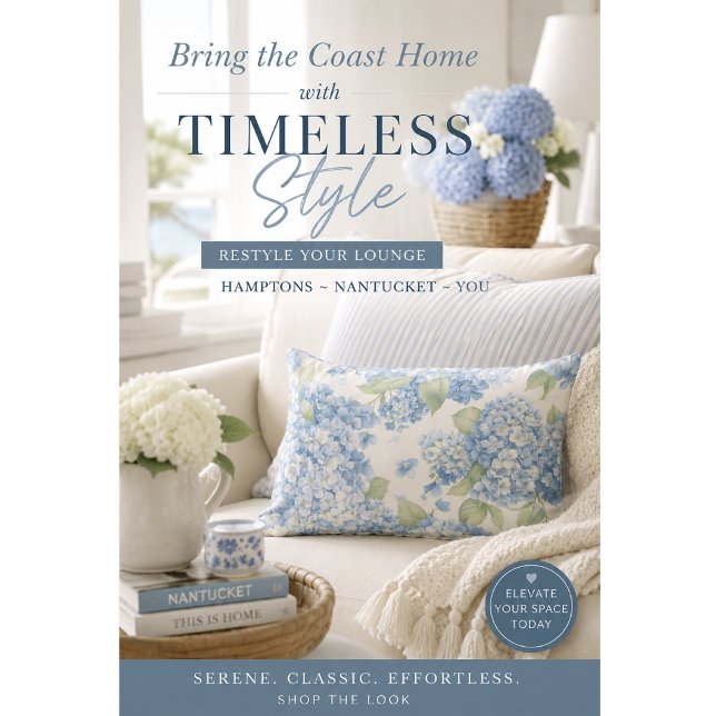 Blue Hydrangea Floral Throw Pillow | Coastal Home  (Elegant blue hydrangea lumbar pillow for serene Hamptons coastal lounge and home styling decor.)