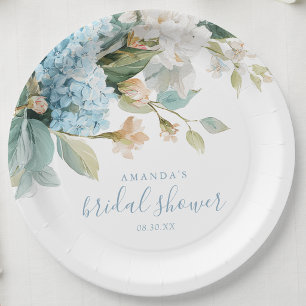 Blue Hydrangea Floral Watercolor Bridal Shower Paper Plate
