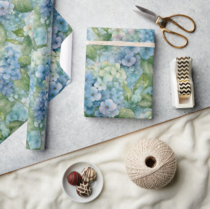 Blue Hydrangea Floral Watercolors Wrapping Paper