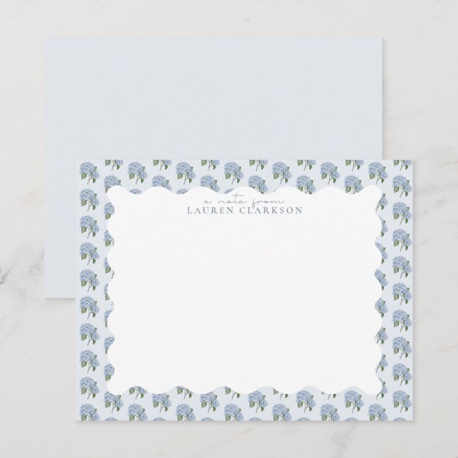 Blue Hydrangea Floral Wavy Border Note Card (Front/Back)