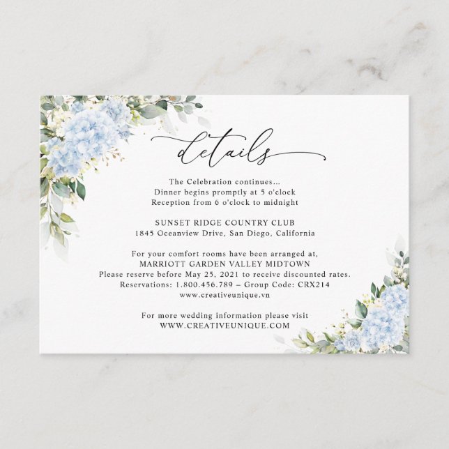 Blue Hydrangea Floral Wedding Details Card (Front)