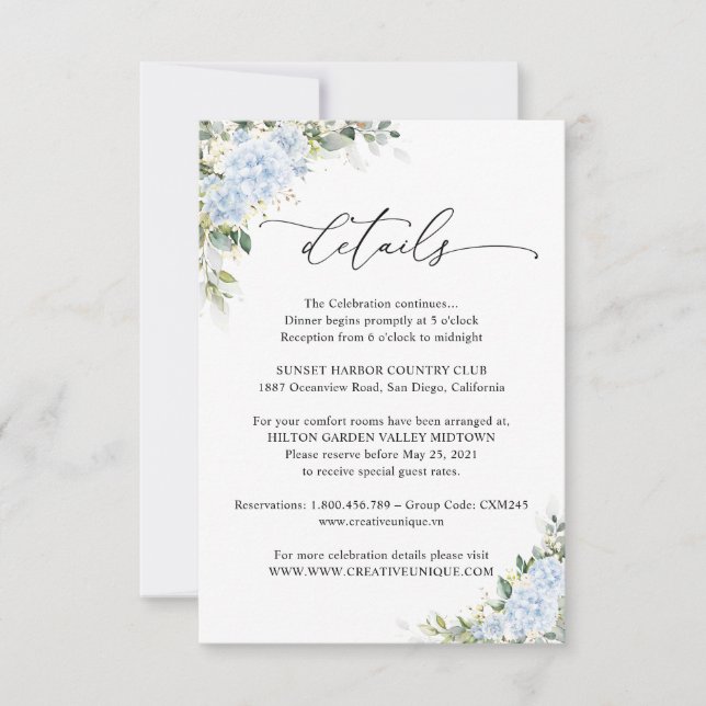Blue Hydrangea Floral Wedding Details Card (Front)