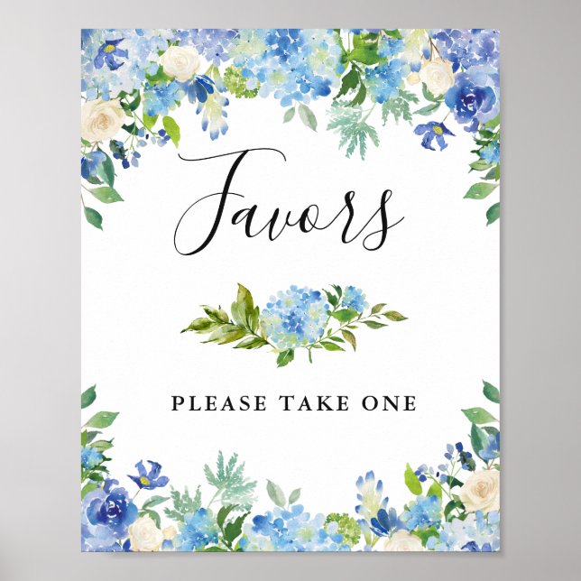 Blue Hydrangea Floral Wedding Favour Sign Poster (Front)