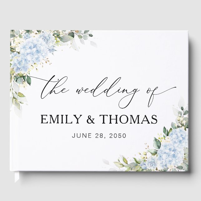 Blue Hydrangea Floral Wedding Guest Book (Front)