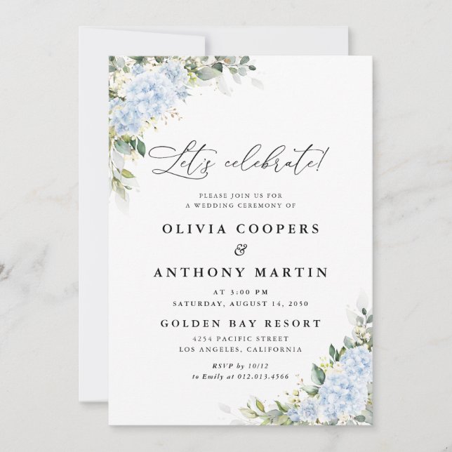 Blue Hydrangea Floral Wedding Invitation (Front)