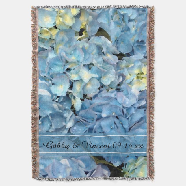 Blue Hydrangea Floral Wedding Keepsake Throw Blanket (Front Vertical)