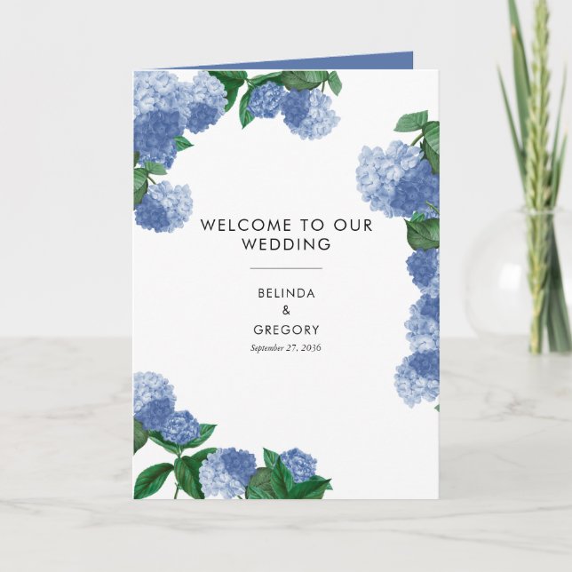 Blue Hydrangea Floral Wedding Order of Service Program (Front)