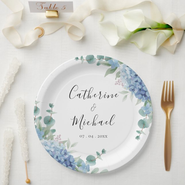 Blue Hydrangea Floral Wedding  Paper Plate (Wedding)
