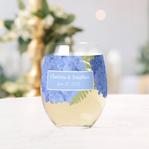 Blue Hydrangea Floral Wedding Personalized Names Stemless Wine Glass