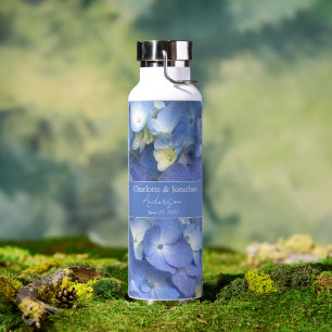 Blue Hydrangea Floral Wedding Personalized Names Water Bottle