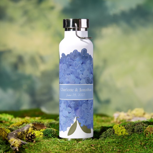 Blue Hydrangea Floral Wedding Personalized Names Water Bottle (Outdoor)