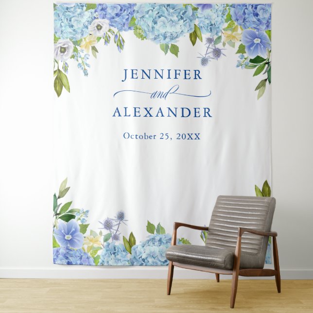 Blue Hydrangea Floral Wedding Photo Booth Backdrop Tapestry (In Situ)