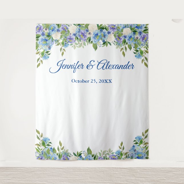 Blue Hydrangea Floral Wedding Photo Booth Backdrop Tapestry (Front)