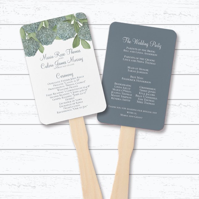 Blue Hydrangea Floral Wedding Program Fan Ceremony (Blue hydrangea floral wedding program fan with watercolor flowers and elegant ceremony details.)