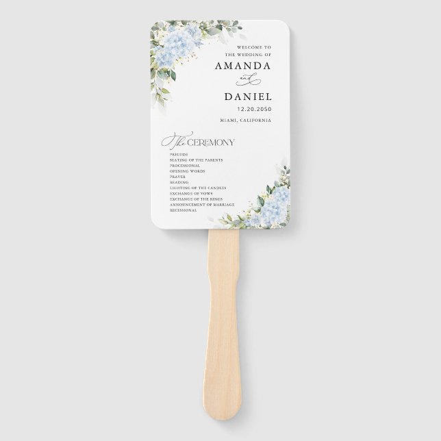 Blue Hydrangea Floral Wedding Program Hand Fan (Front)
