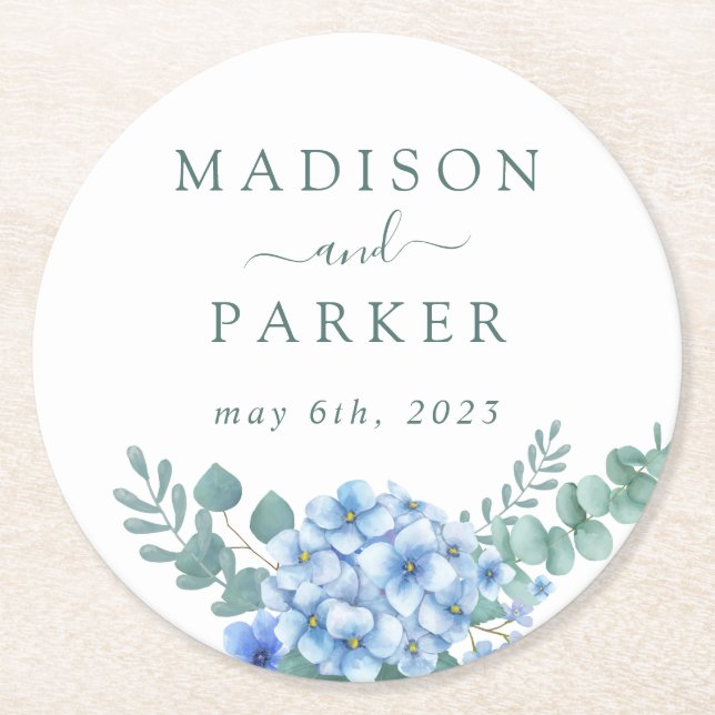Blue Hydrangea Floral Wedding Round Paper Coaster (Front)
