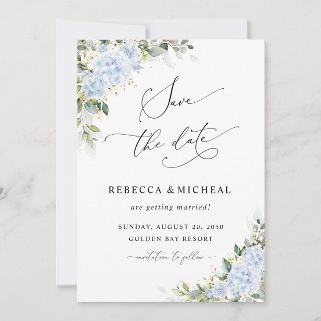 Blue Hydrangea Floral Wedding Save The Date Invitation (Front)