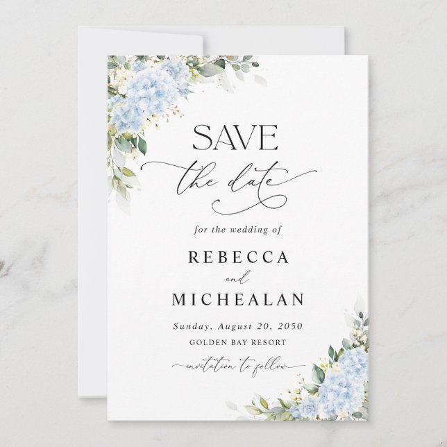 Blue Hydrangea Floral Wedding Save The Date Invitation (Front)