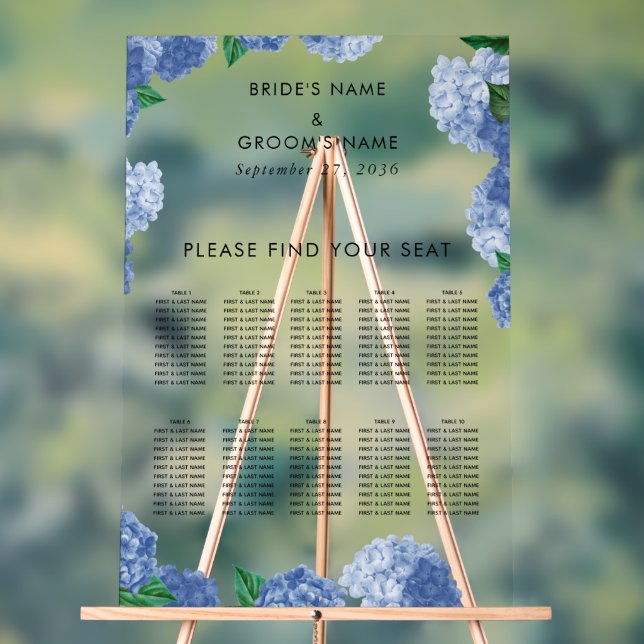 Blue Hydrangea Floral Wedding Seating Chart (Neutral)