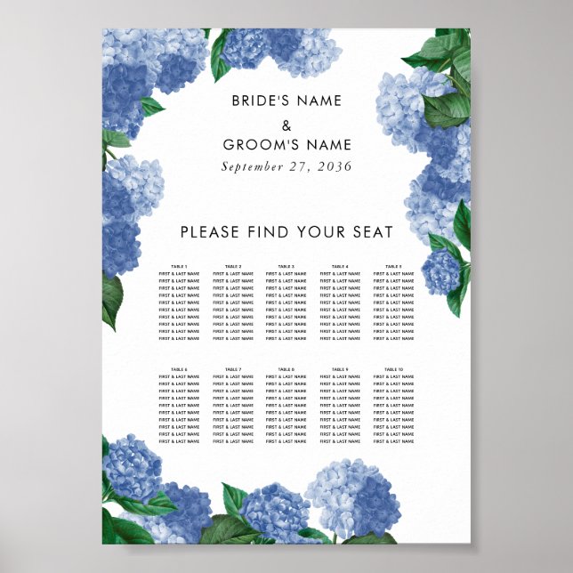 Blue Hydrangea Floral Wedding Seating Chart (Front)