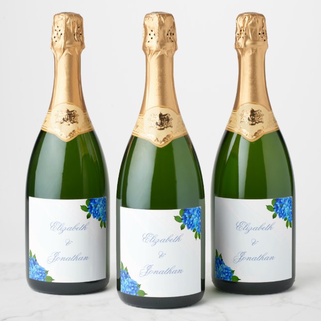 Blue Hydrangea Floral Wedding Sparkling Wine Label (Bottles)