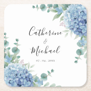 Blue Hydrangea Floral Wedding Square Paper Coaster