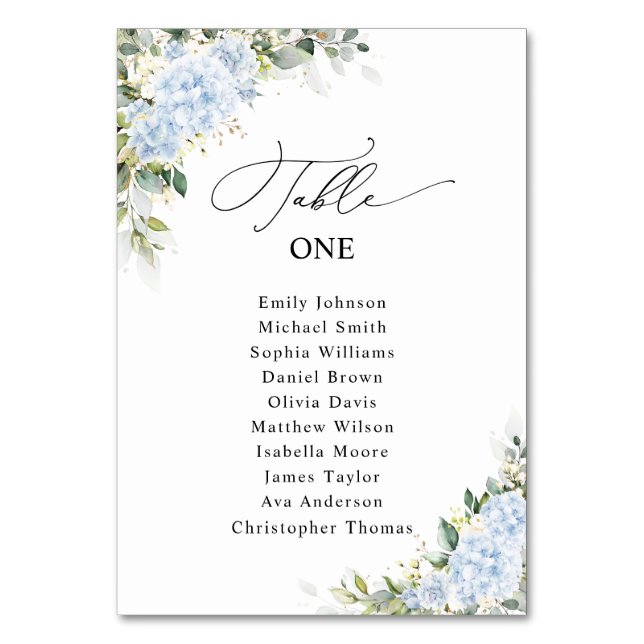 Blue Hydrangea Floral Wedding Table Seating Chart  Number (Front)