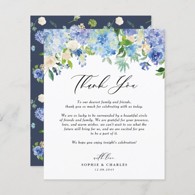 Blue Hydrangea Floral Wedding Thank You Card (Front/Back)