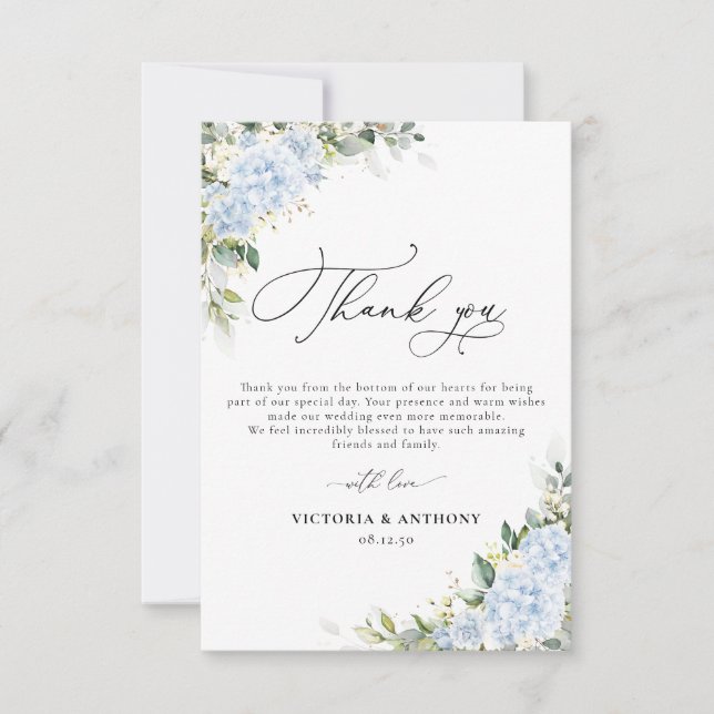 Blue Hydrangea Floral Wedding Thank You Cards (Front)
